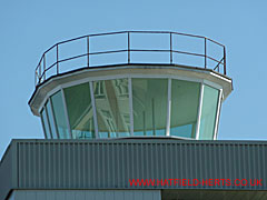 Close up of the flat glass fronted control tower