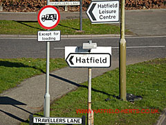 Assortment of Hatfield roadsigns on Travellers Lane