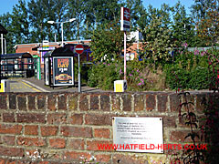 Memorial plaque marking links with Hatfield, Massachusetts; railway station in background