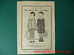 Jack Olding, Knowles and Co 1924 black and white ad with a caricature of two men in plaid with bowler hats and bags