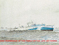 HMS Tweed - K250 - grainy colourised image showing the ship making way in rough seas as part of a convoy 