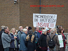 Section of the crowd with banner 'Incinerator? In Hatfield? Insane!!