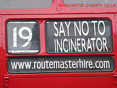 Close up of the destination board of JJD 347D which reads Say No To Incinerator