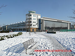 snow covered former Control Tower and Comet Assembly building