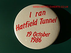 Hatfield Tunnel opening - white badge with red lettering
