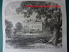 Engraving of Brocket Hall with an oak tree and sheep in the foreground